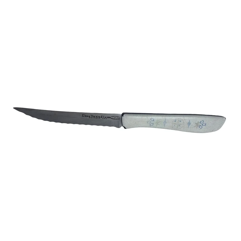Vintage Ekco Vanadium Stainless USA Serrated Steak Knife White Patterned‎ Handle
